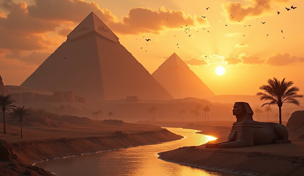 An ancient Egyptian landscape at dusk, with the Nile River flowing through, pyramids, and the Sphinx in the distance, hieroglyphics subtly overlaying the sky.