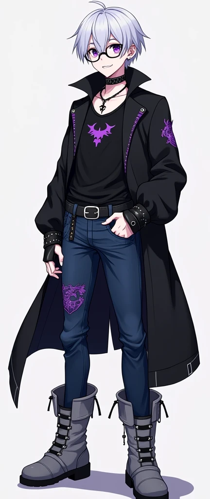 a boy with a tall and moderately muscular build, his torso consists of an inverted triangle shape, having wider shoulders and a smaller waist, his skin is almost completely pale in color, due to his modifications his eyes are completely purple in color. , his hair is combed with a midline similar to an open book, his smile is completely white and linear without imperfections as well as showing small fangs, his jaw is also marked, he has a dragon tattoo on his neck on the left side, anime Style and Attractive. Their clothing is based on, He wears wide gray boots with short heels that reach above his ankle with wool embroidery, he wears deep blue denim pants, his shirt is completely black with the symbol of a descending dragon on his back, the symbol highlighting Due to its purple color, it does not match the black color of the shirt, on its neck it is surrounded by a black punk or gothic type choker with a strap, in front it is supported by two small black chains that at the bottom hold a large black ring, She wears black leather fingerless gloves that extend over her forearm, as well as her left ear with quite a few piercings and a hanging black cross earring, her belt is gray with studs that tie it to her pants, he wears a pair of round black glasses.