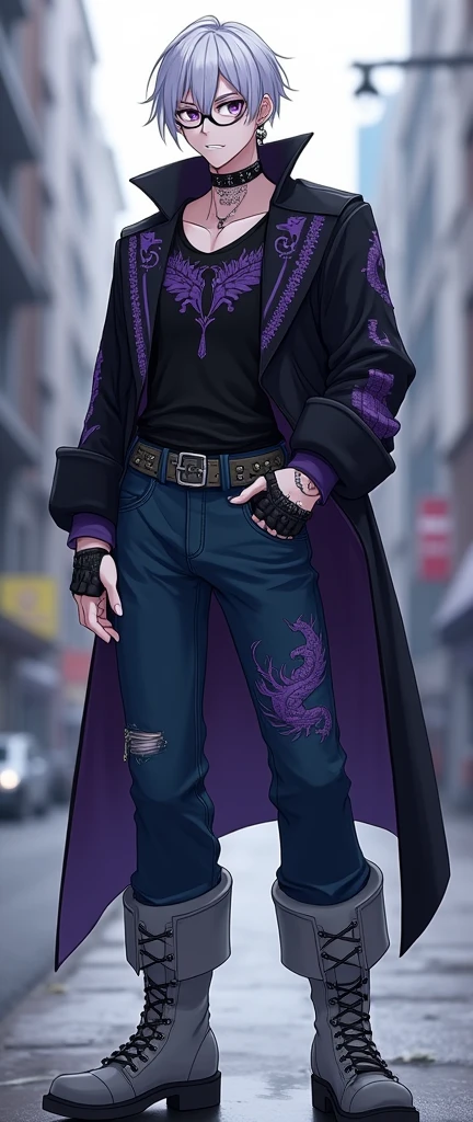 a boy with a tall and moderately muscular build, his torso consists of an inverted triangle shape, having wider shoulders and a smaller waist, his skin is almost completely pale in color, due to his modifications his eyes are completely purple in color. , his hair is combed with a midline similar to an open book, his smile is completely white and linear without imperfections as well as showing small fangs, his jaw is also marked, he has a dragon tattoo on his neck on the left side, anime Style and Attractive. Their clothing is based on, He wears wide gray boots with short heels that reach above his ankle with wool embroidery, he wears deep blue denim pants, his shirt is completely black with the symbol of a descending dragon on his back, the symbol highlighting Due to its purple color, it does not match the black color of the shirt, on its neck it is surrounded by a black punk or gothic type choker with a strap, in front it is supported by two small black chains that at the bottom hold a large black ring, She wears black leather fingerless gloves that extend over her forearm, as well as her left ear with quite a few piercings and a hanging black cross earring, her belt is gray with studs that tie it to her pants, he wears a pair of round black glasses.