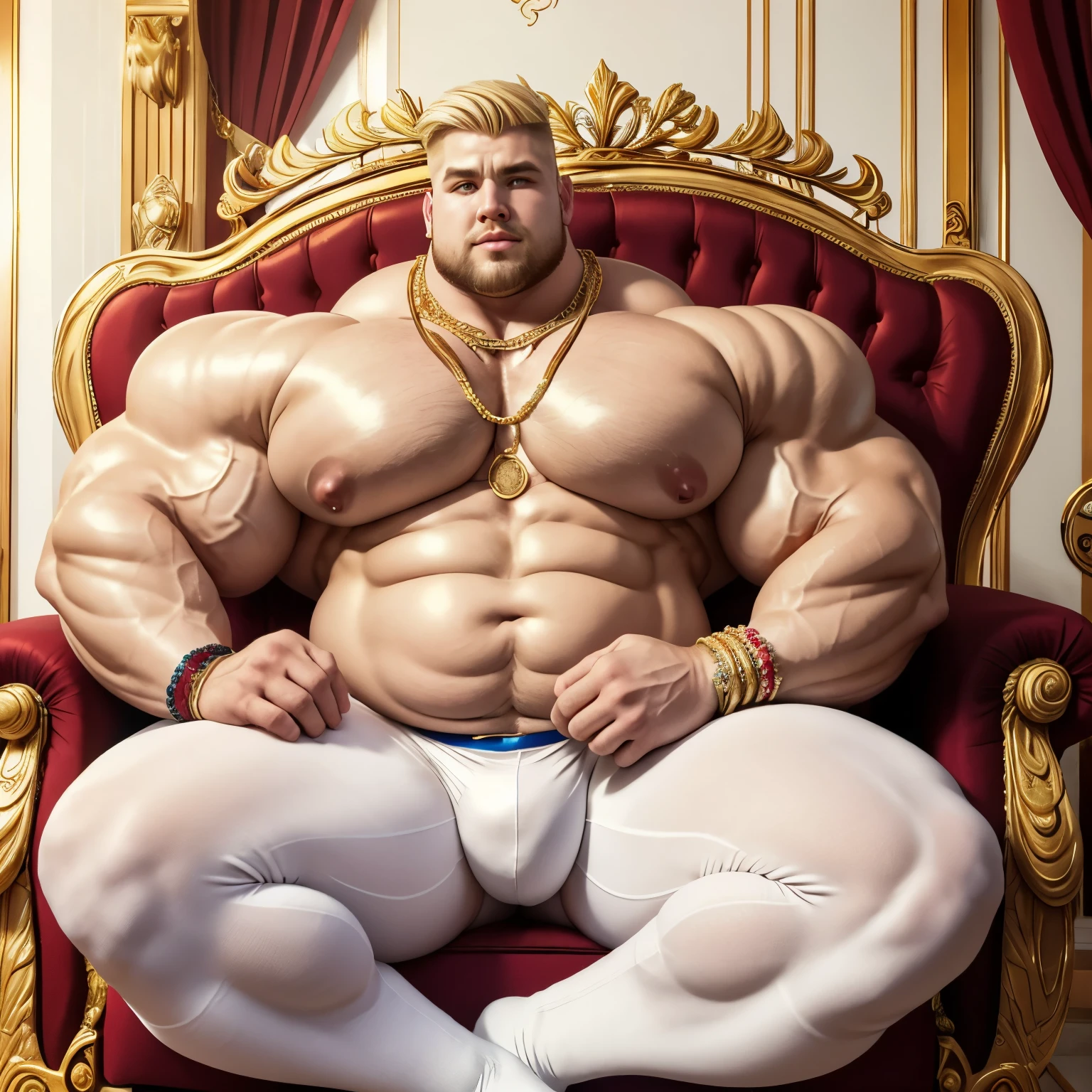 full view full photo of an ex-muscle blond undercut god with dozens of golden rings, necklaces, bracelets, who became an obese pierced pig in white lycra suit and white socks, sitting on luxurious armchair, luxurious bedroom in parisian palace hotelt