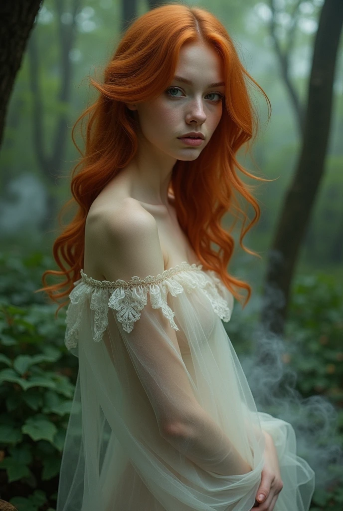 There is a woman with red hair posing in a forest, ethereal beauty, redhead girl, redhead goddess, in the forest, redhead woman, redhead, very ethereal, sensual woman, beautiful redhead woman, in the forest, wrapped in transparent fabric, mist, ethereal and dreamy, with pale skin, she is redhead, veiled in mist, Incredibly ethereal, in the forest. analog photography