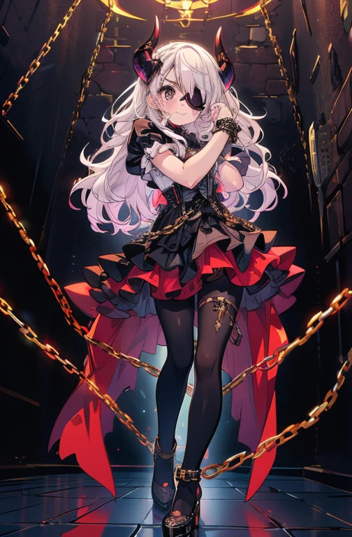 score_9, score_8_superior, score_7_superior, sauce_anime,masterpiece, Highest quality, High resolution, Highly detailed CG, Absurd, One girl, alone, Cool girl in gothic outfit posing in palace, mini skirt, Frills, black and red outfit, ((black_tights)), (Single eye patch), Heel, ((V-shaped eyebrows, smile), Put your hands on your face, Spread your hands, Spread your legs, Standing on the floor, ruby👁️🗨️,white_hair, ((two_side_superior)), horn, Chained, many chains in background, dark_background, black palace, Midnight, indoor, (extremely detailed background:1.6), Details 1, Bright colors