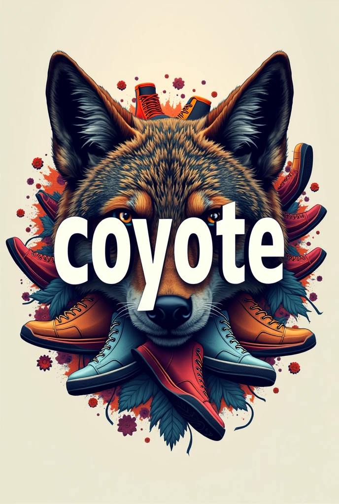 logo in horizontal orientation that says Coyote shoe repair shop in the background various types of shoes and types of threads on a shelf and a small skull
