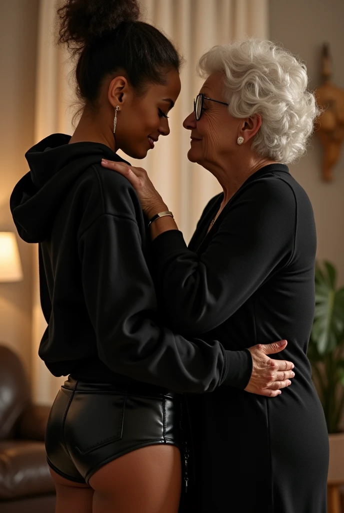 black woman hair in a bun black hoodie black leather short shorts being fucked in the ass by a old grandma in a dress