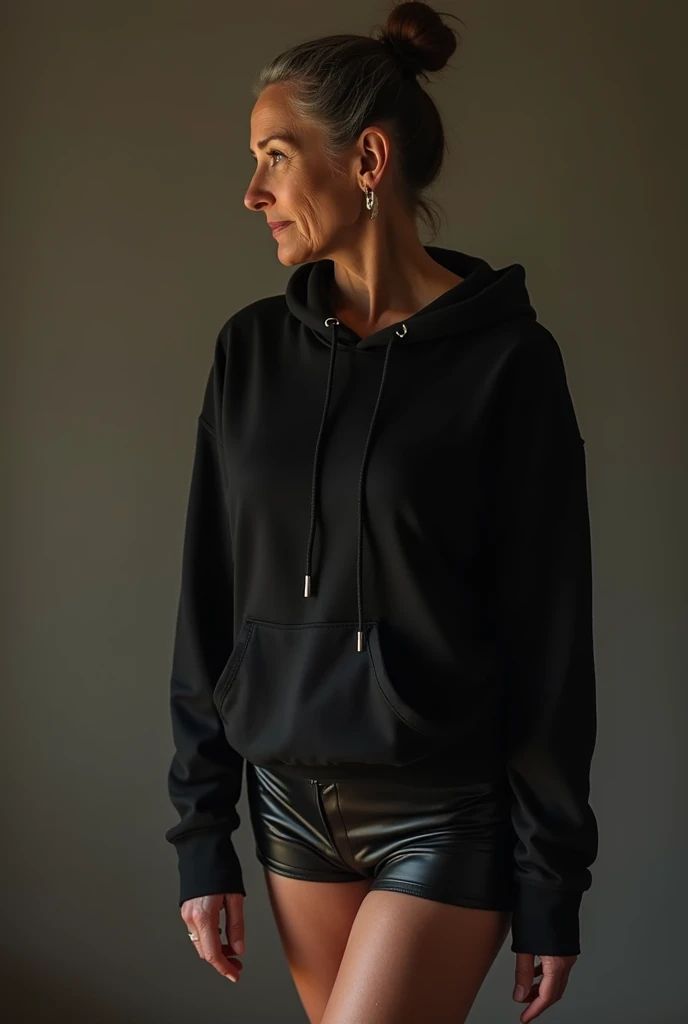 black woman hair in a bun black hoodie black leather short shorts being fucked in the ass by a old grandma in a dress