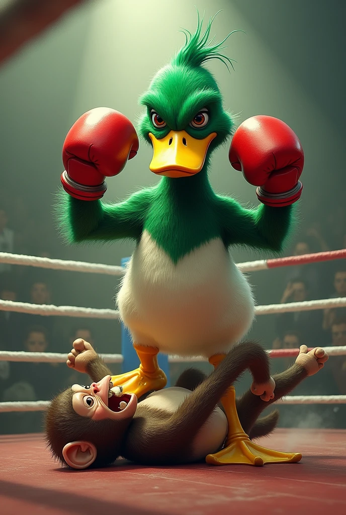 A green-headed duck winning a boxing match against a monkey and stepping on it