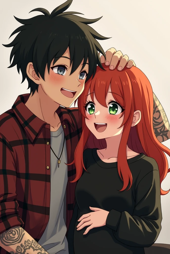 Two people laughing blushing, a redhead girl with green eyes and freckles, with his black sweater, with her hands on her stomach next to a black-haired boy with grey eyes and arms full of tattoos wearing a red plaid shirt, with hand in hair.