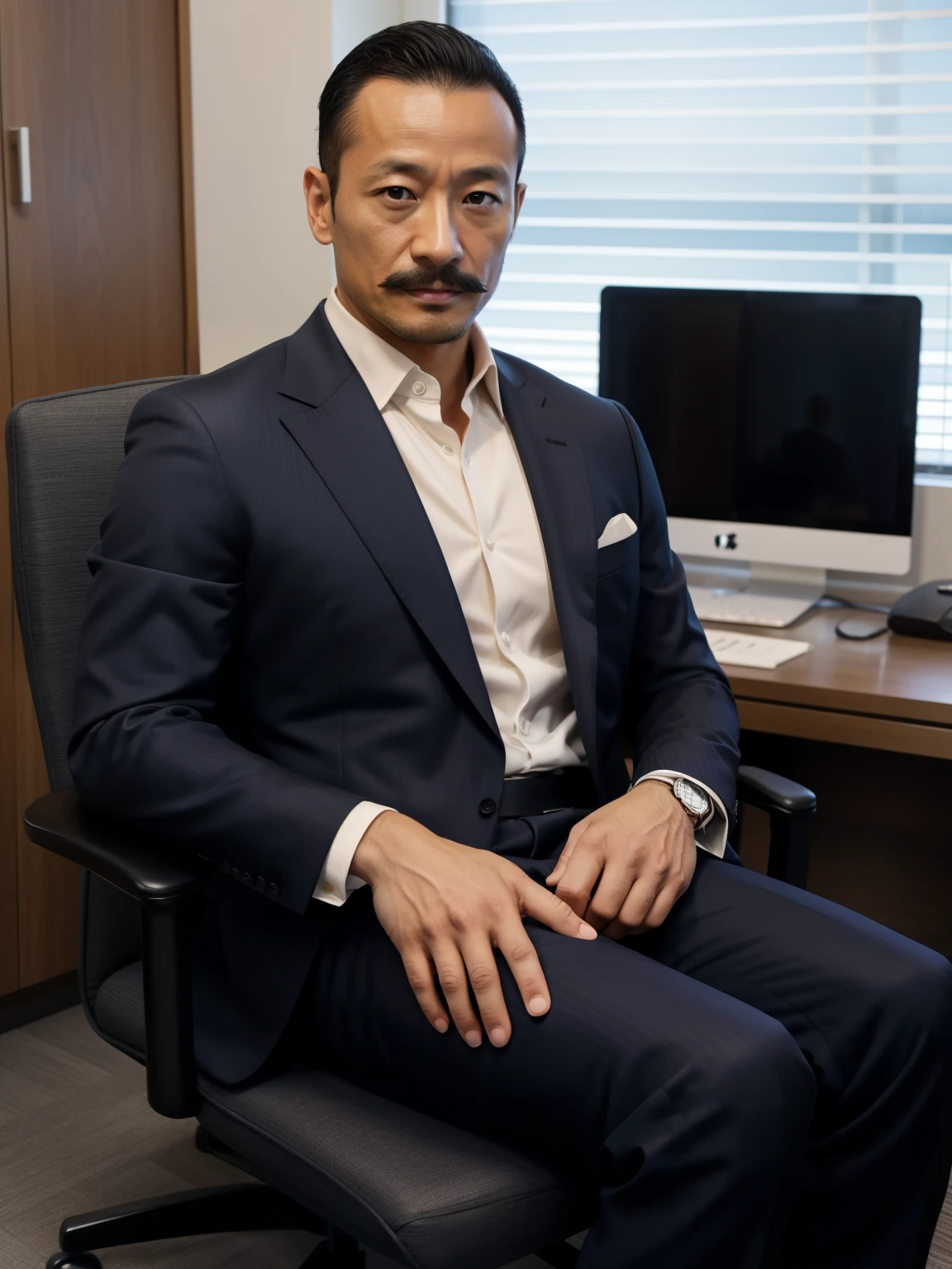 40 years old,Hidetoshi Nakata,(Kogoro Mori 1.3),whole body,Lean,muscle,office,boss,black,foot,Suit,transparent袜子,foot抬起,sofa,Baldhead ,transparent,Thick body hair,underwear,Topless,Densely hairy,Fortitude,HD,With a mustache