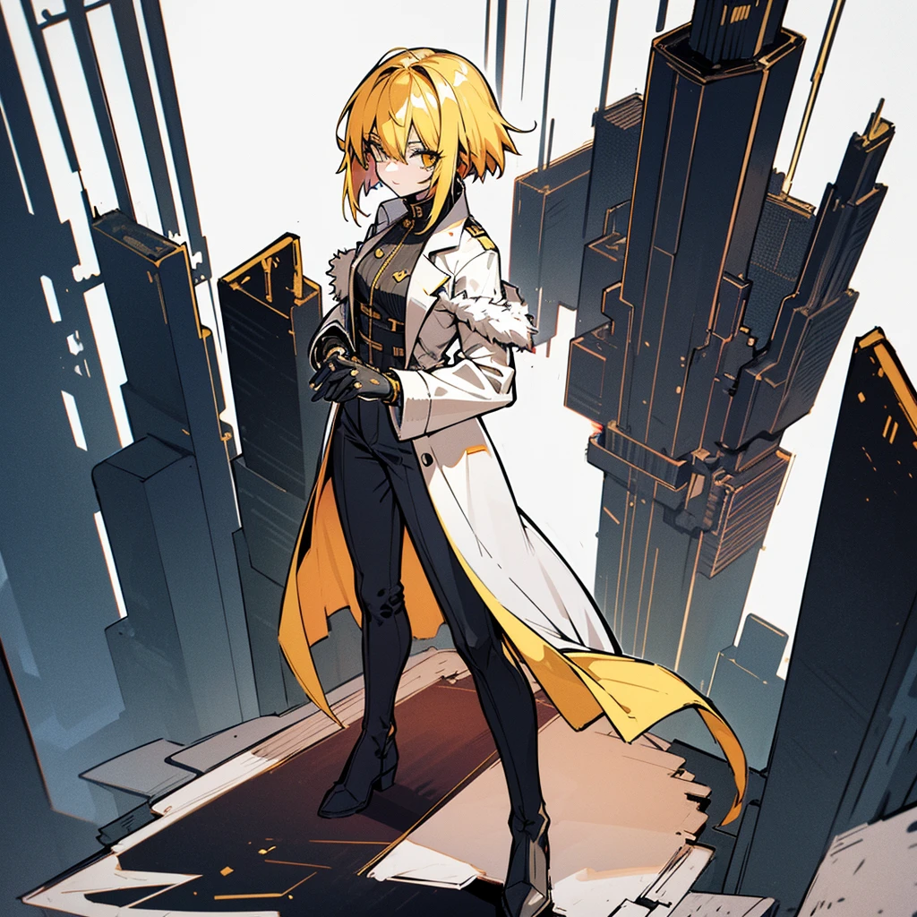 (Masterpiece, top quality), (fine hair), super detailed, anime style, solo, full body, whole body, cyberpunk mafia lady, massive, white with yellow mixed with very short hair, gold eyes, right hand converted into a cybernetic claw called the talon of Horus. Left hand is a bare fist, fanged mask, black formal suits with gold trim, wolf fur long coat, long boots, supernatural lightning, white background, full body standing, standing on desolate earth.