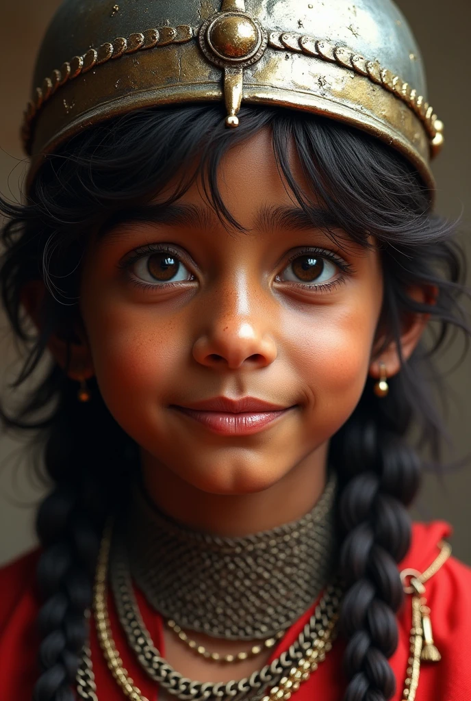 close-up portrait of Maharana Pratap at 5, his face weathered but his eyes sharp and filled with determination. He is wearing a traditional Rajput helmet and chainmail, and there’s a slight smile on his lips, reflecting his courage and unwavering spirit."