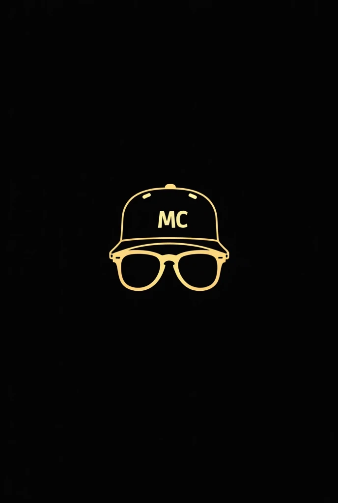 Minimalist logo with glasses and cap, with golden MC letters on a black background