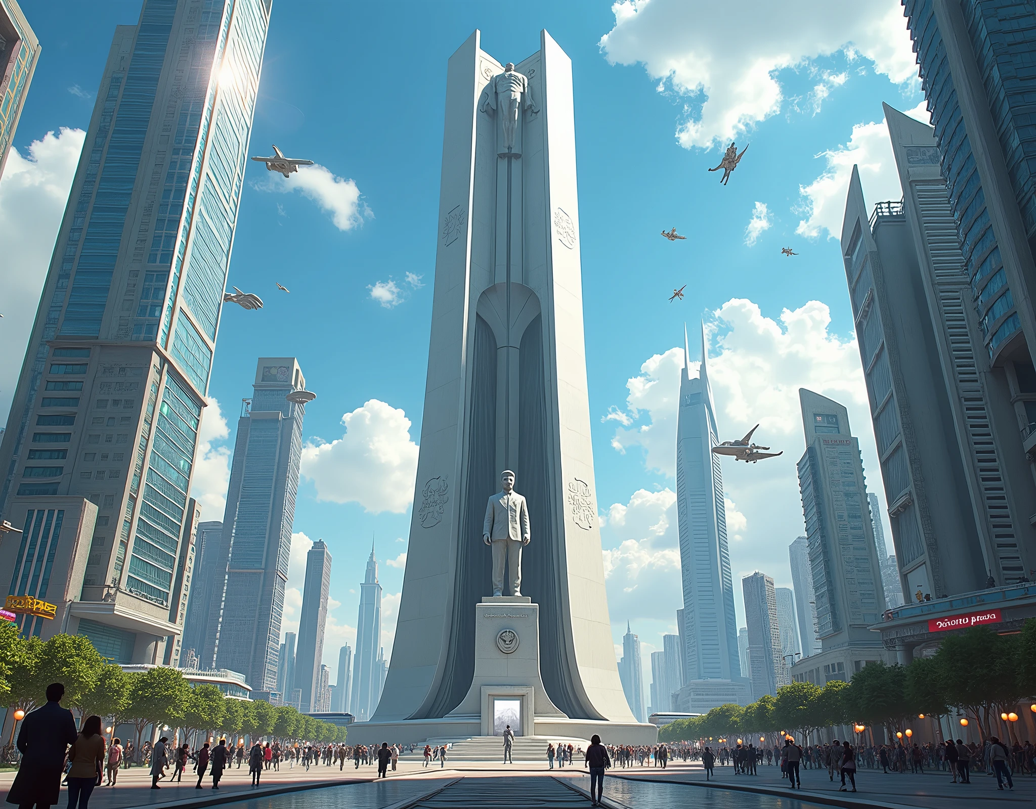 Create an illustration of a bustling modern big city with a monument of the 6 President López Obrador in the center in the futuristic world