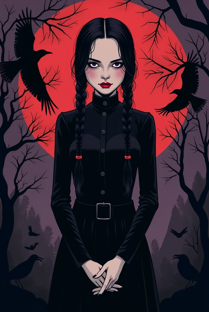 Wednesday Addams from the series Wednesday (Netflix), illustrated in a detailed and realistic style with her dark, gothic appearance. The design will feature cobwebs and crows to enhance the gothic theme. The primary colors will be black, dark purple, and blood red for a dramatic effect. The design will be centered, large, and detailed in the middle of the shirt. The design will also include the iconic quote: "I act as if I don’t care if people dislike me. Deep down, I secretly enjoy it."