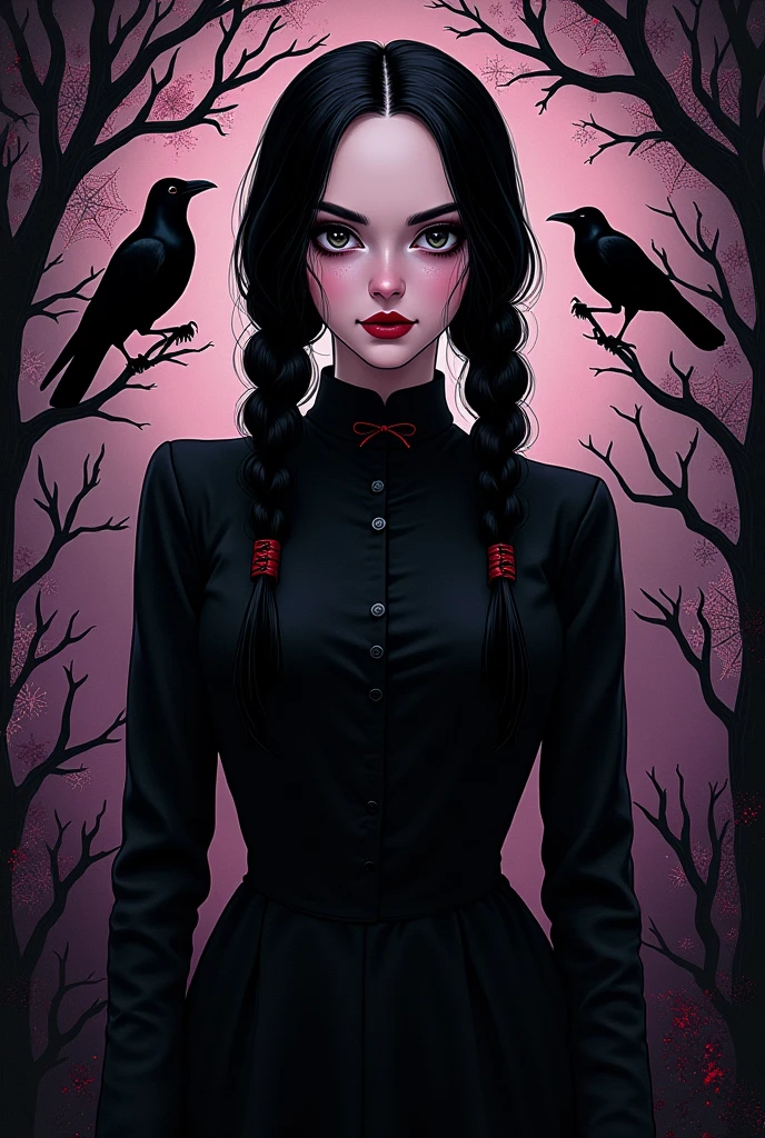 Wednesday Addams from the series Wednesday (Netflix), illustrated in a detailed and realistic style with her dark, gothic appearance. The design will feature cobwebs and crows to enhance the gothic theme. The primary colors will be black, dark purple, and blood red for a dramatic effect. The design will be centered, large, and detailed in the middle of the shirt. The design will also include the iconic quote: "I act as if I don’t care if people dislike me. Deep down, I secretly enjoy it."