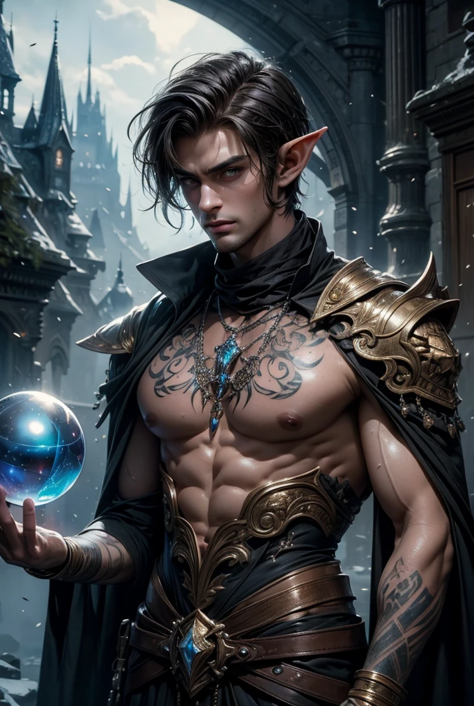 Absurdres, Masterpiece, Excellent, a tall handsome muscular young elf, male, solo, perfect facial features, (short hairstyle:1.5), sexy gaze, beautiful, gorgeous, wet, digital painting, (wizard), slimming, gray pupils, (floating crystal ball), wizard outfit, relax, detailed background, Fantasy, Magical, Mystical, Ethereal, Unique Style, Surreal, Symbolic, magical tattoos, looking at the viewers romantically,