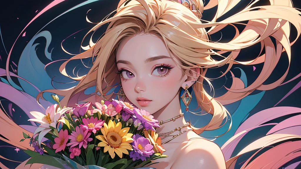 32K, 最高quality, 最高masterpiece, (ultra-Detailed Background, Detailed Background), High resolution, Super detailed, Very detailedな, 1 personの, (bouquet:1.3), (Tangled:1.2), (Geometric:1.2),(colorful),(masterpiece, quality, best quality, Official Art, Beautiful and beautiful:1.2), (1 person:1.3), Very detailed,(colorful:1.1)(Flowers:1.3),Most detailed,(Tangled:1.2), whole body, (Abstract background:1.3), (Skin glows), (Many colors:1.4), ,(Earrings Jewelry:1.5), Gradient Background, It's imaginative., Flaxen Hair,