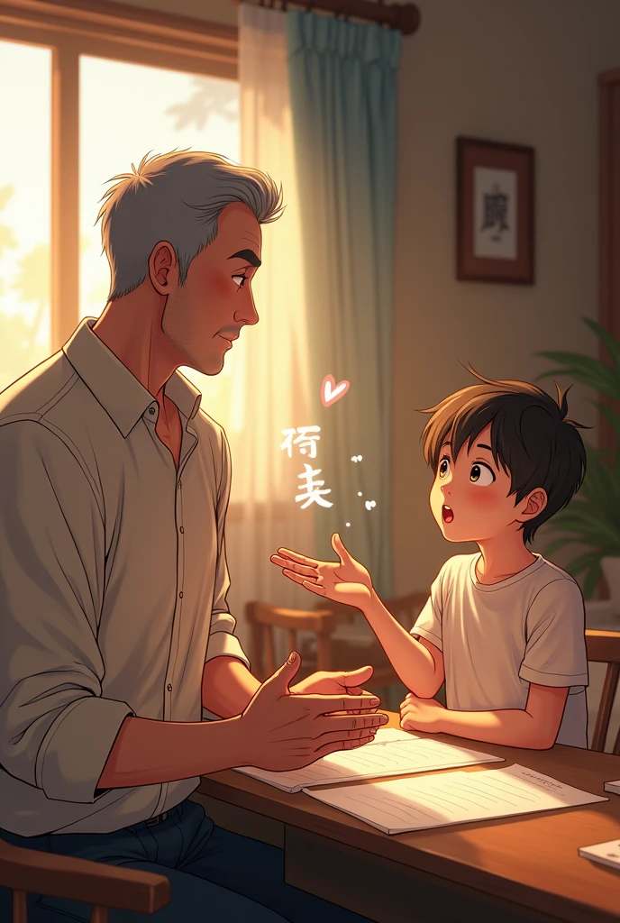 A father explaining something to his son in anime style