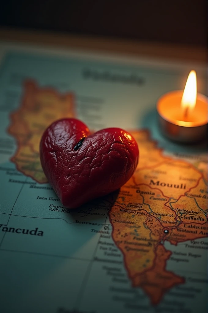 Map of Venezuela with a mourning heart and a lit candle 