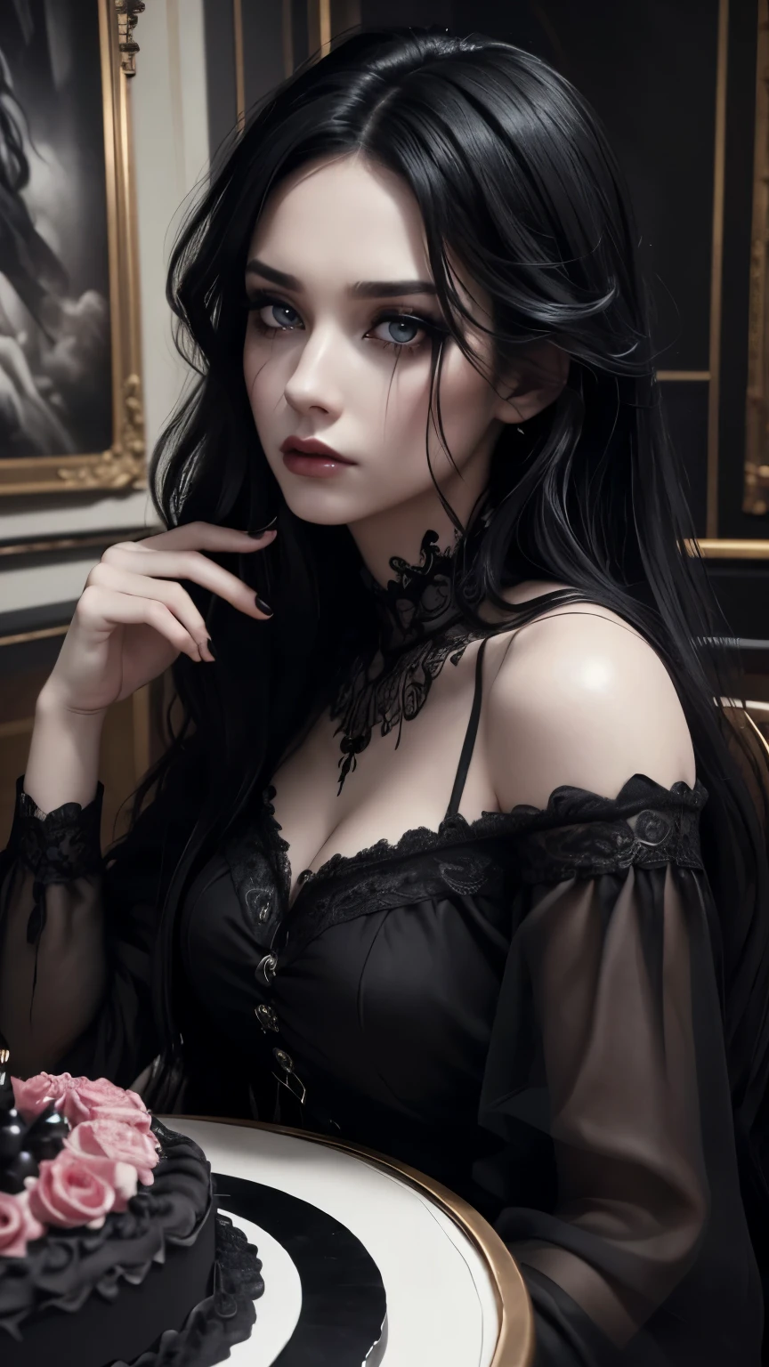 (best quality,4k,8k,highres,masterpiece:1.2),ultra-detailed, ((long black hair)), pretty, gorgeous, beautiful, gothic, living room background, dejected expression, gaunt eyes, ((black makeup)), sad, hazel eye color, sad, depressed, moody aesthetic, moody, messy hair, makeup running, crying, birthday cake