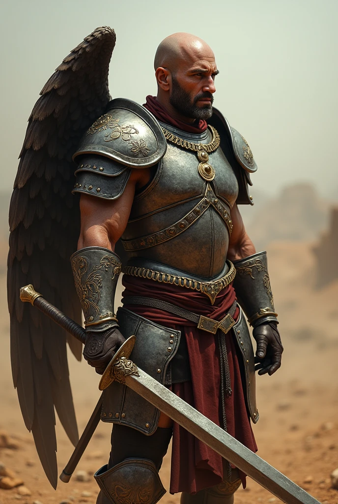 What Max Rockatansky&#39;s face would look like (from the movie mad max) Set in the Middle Ages and with the physique of Kratos, dressed in Polish Winged Hussar armor and in action pose (side view, bald and without a helmet)