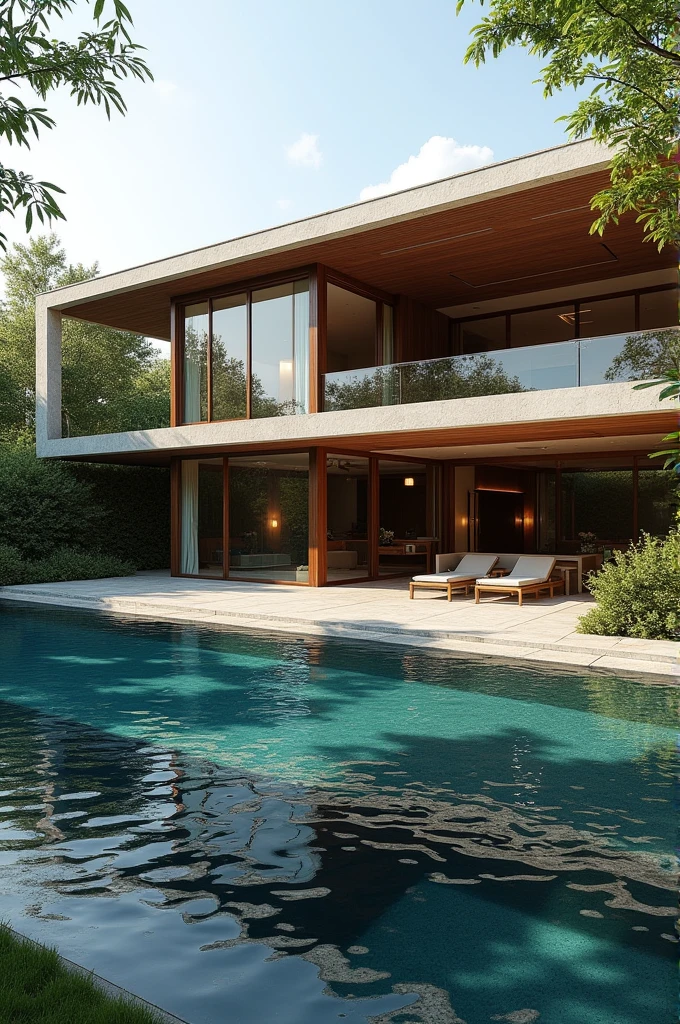 2 story L-shaped house with downstairs living room and pool
