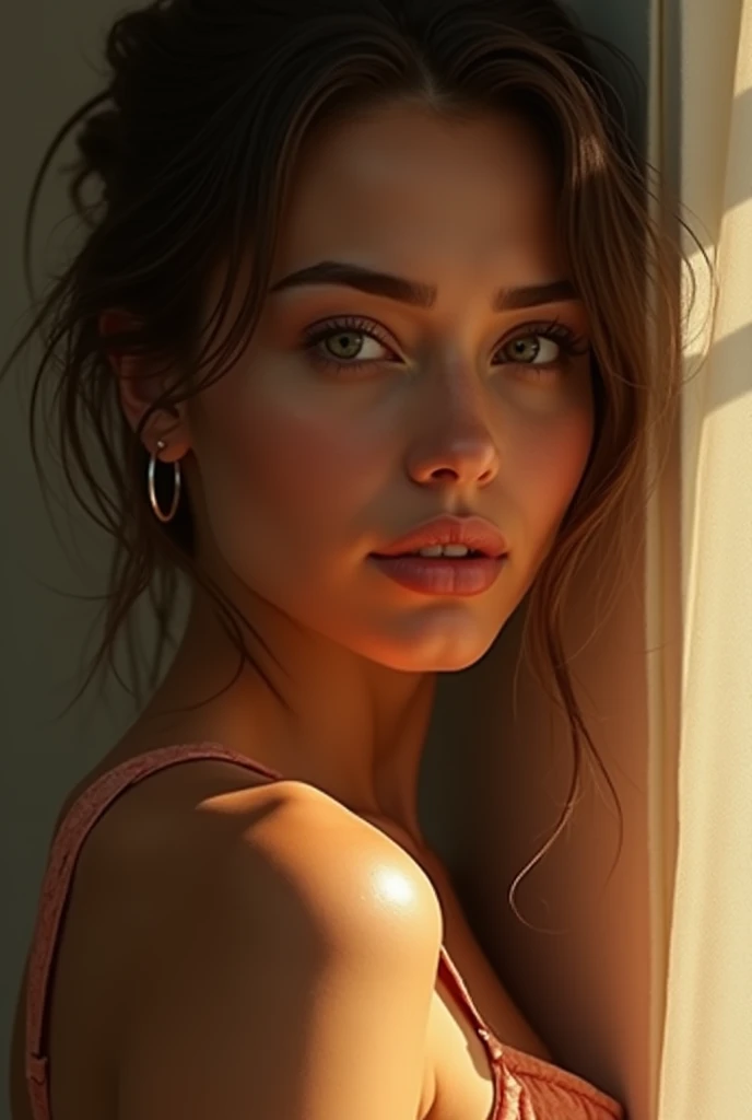 girl sitting on a toilet in the morning, looking sideways out the window towards the sun, reaching upwards, detailed face, beautiful eyes, detailed lips, long eyelashes, realistic, photorealistic, 8k, ultra-detailed, masterpiece, natural lighting, vibrant colors, intricate details, soft shadows, warm tones, cinematic composition
