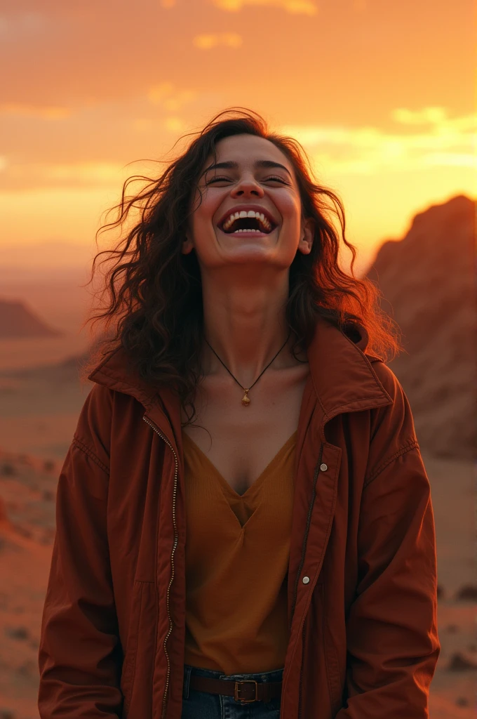 A person who is laughing as if free from problems, a confusing atmosphere with a unique panoramic background, there is a reddish yellow bias in the sky and an atmosphere that is rarely known to humans