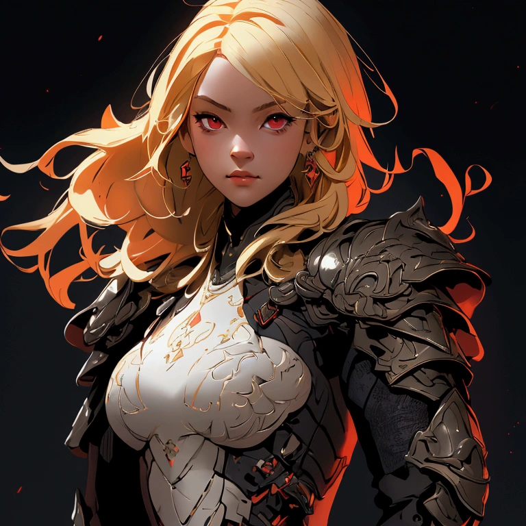 envision a 8k, highres, cinematic, beautiful full body concept art design sheet of a girl with pretty mature features with blonde hair, red eyes, goggles, black tight suit, fantasy armor, jrpg inspired armor, in dark lighting, against a dark gray background