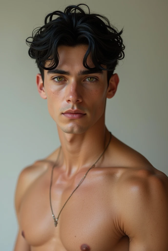 Tall white-skinned boy with green eyes, black hair and muscle