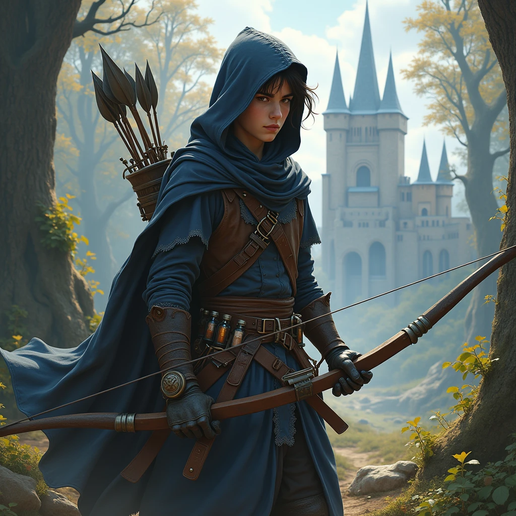 a medieval wizard, wizard warrior, light leather armor, warrior ager, bow and arrow, potions, Assassin outfit.