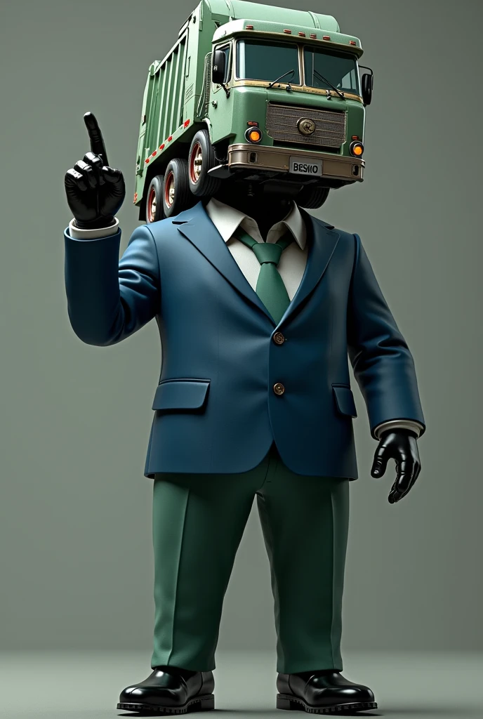 A humanoid being with the main characteristic of having a head replaced by a garbage truck, he wears a blue suit with a blue tie and green pants, he wears black leather gloves and shoes, he is doing the middle finger.
