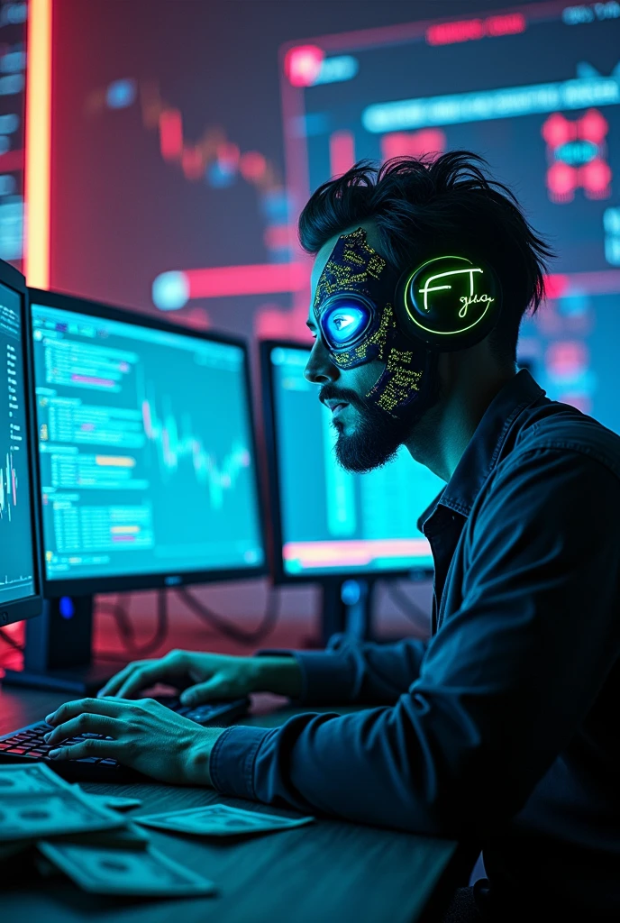 man with the following characteristics Looking at a PC with a bright cinematic mask with all these details his bright blue and green eyes and several giant computers with FT trader written on the screen and on the side many dollars on the table with 8k memes effects, surreal, digitl art, brain waves, flow of information, cultural transmission, subconscious, abstract pattern, psychedelic, neon colors, glitch art, cyber punk, cinematic lighting,