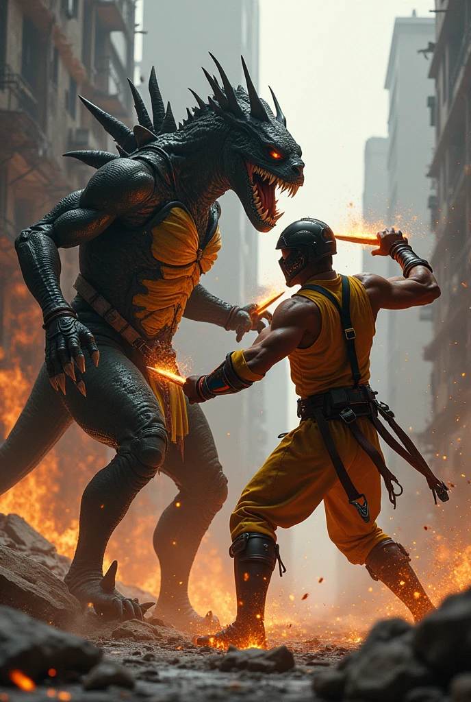 Create a yautja fighting with mk scorpion