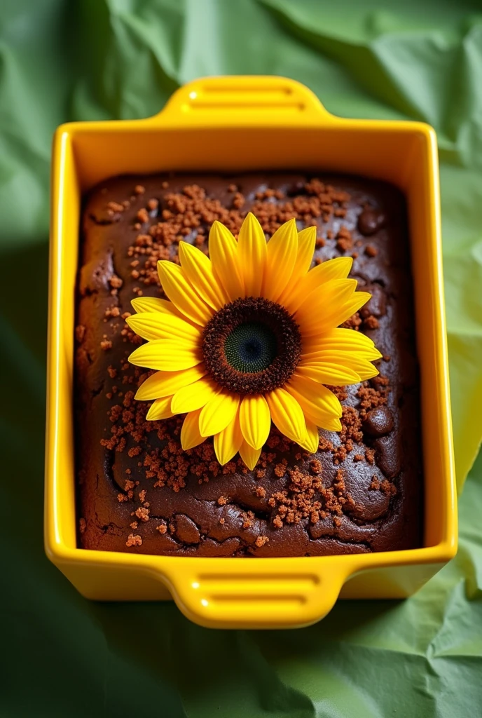 place a brownie with the sunflower inside a yellow pan, with brown sprinkles on top. And green paper in the background. inside a box