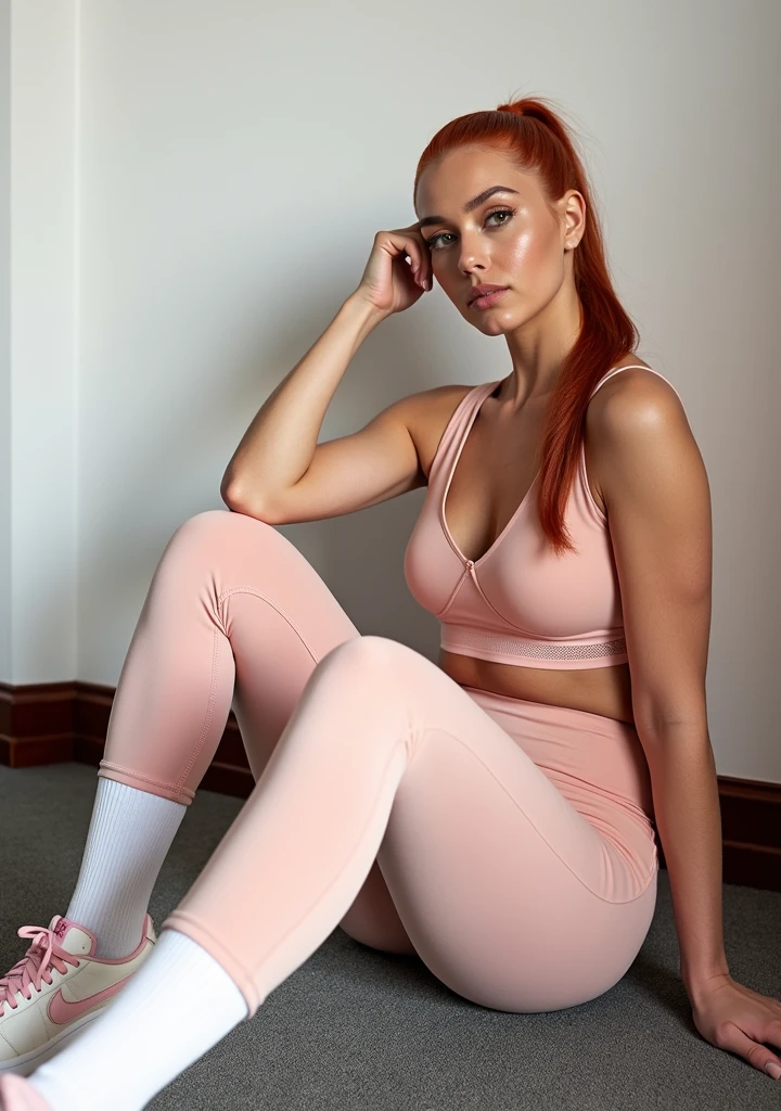 A professional studio-quality photograph of a woman sitting on the floor in pastel pink sportswear. She is wearing a fitted sports bra and leggings that accentuate her curvy figure, including a fuller bust. She has on long white socks and possibly Nike shoes. The woman has long red hair styled in a sleek ponytail. She has a toned, curvy figure that is highlighted by the form-fitting outfit. The woman is slightly leaning on her left hand, which is resting near her temple. The background is neutral, with the woman sitting against a wall, emphasizing her athletic physique and calm expression.