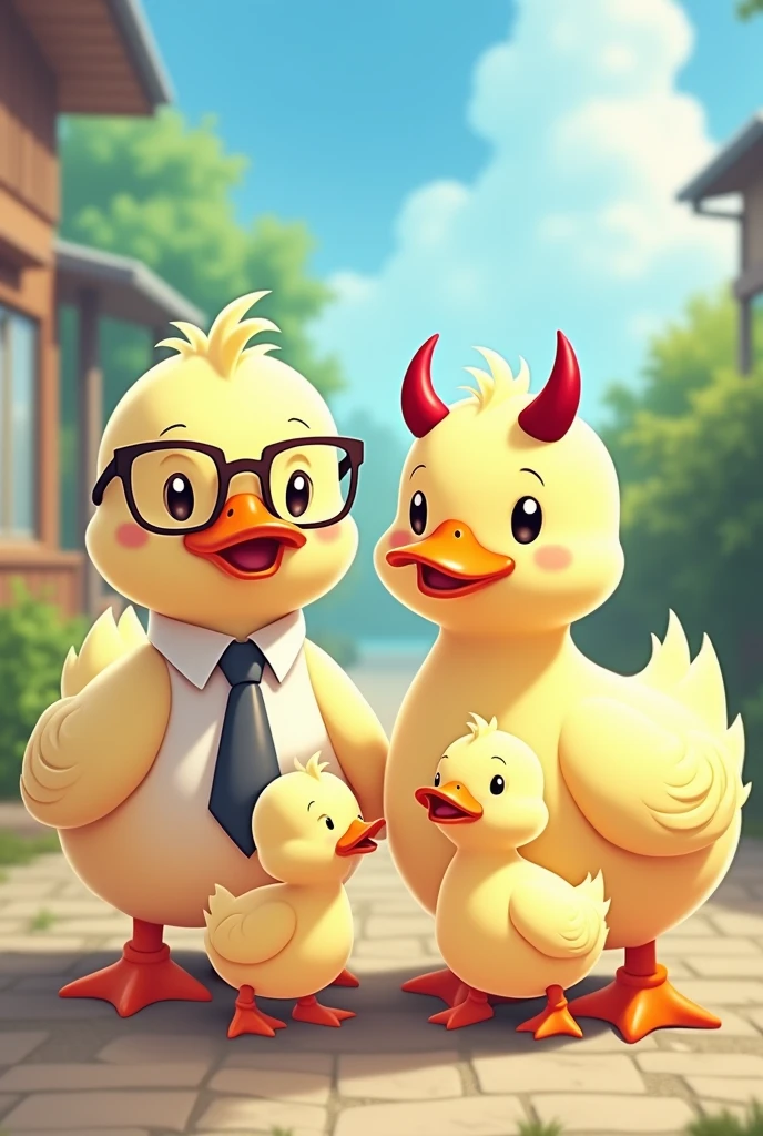 Generates an anime style image of a family of ducks. One with glasses and a grey tie, another brown duck with devil horns and three baby ducklings.