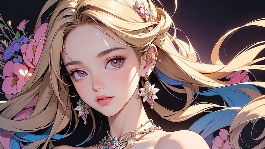 32K, 最高quality, 最高masterpiece, (ultra-Detailed Background, Detailed Background), High resolution, Super detailed, Very detailedな, 1 personの, (bouquet:1.3), (Tangled:1.2), (Geometric:1.2),(colorful),(masterpiece, quality, best quality, Official Art, Beautiful and beautiful:1.2), (1 person:1.3), Very detailed,(colorful:1.1)(Flowers:1.3),Most detailed,(Tangled:1.2), whole body, (Abstract background:1.3), (Skin glows), (Many colors:1.4), ,(Earrings Jewelry:1.5), Gradient Background, It's imaginative., Flaxen Hair,