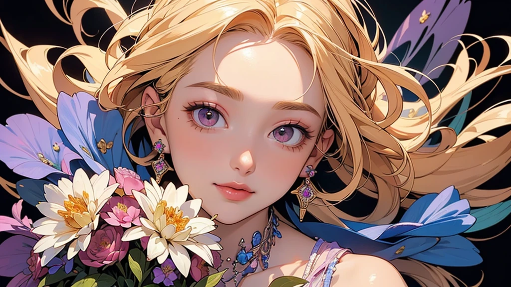 32K, 最高quality, 最高masterpiece, (ultra-Detailed Background, Detailed Background), High resolution, Super detailed, Very detailedな, 1 personの, (bouquet:1.3), (Tangled:1.2), (Geometric:1.2),(colorful),(masterpiece, quality, best quality, Official Art, Beautiful and beautiful:1.2), (1 person:1.3), Very detailed,(colorful:1.1)(Flowers:1.3),Most detailed,(Tangled:1.2), whole body, (Abstract background:1.3), (Skin glows), (Many colors:1.4), ,(Earrings Jewelry:1.5), Gradient Background, It's imaginative., Flaxen Hair,