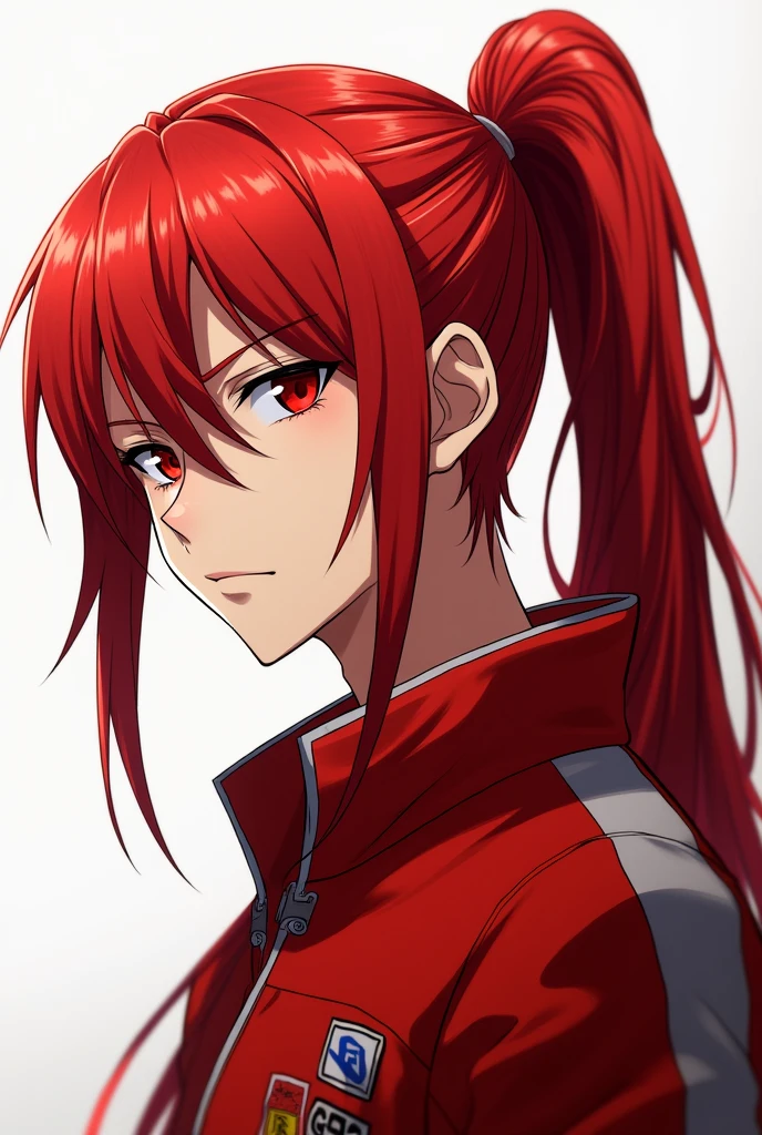 Anime boy with long red hair with a very long ponytail with red eyes and a red racing jacket