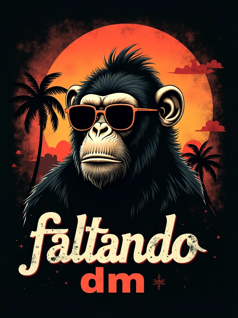 Vector t-shirt design Vintage retro sunset distressed black style design, a monkey wearing sunglasses, with text “FALTANDO DM”, typography, graffiti, 3d render, 4k, steampunk