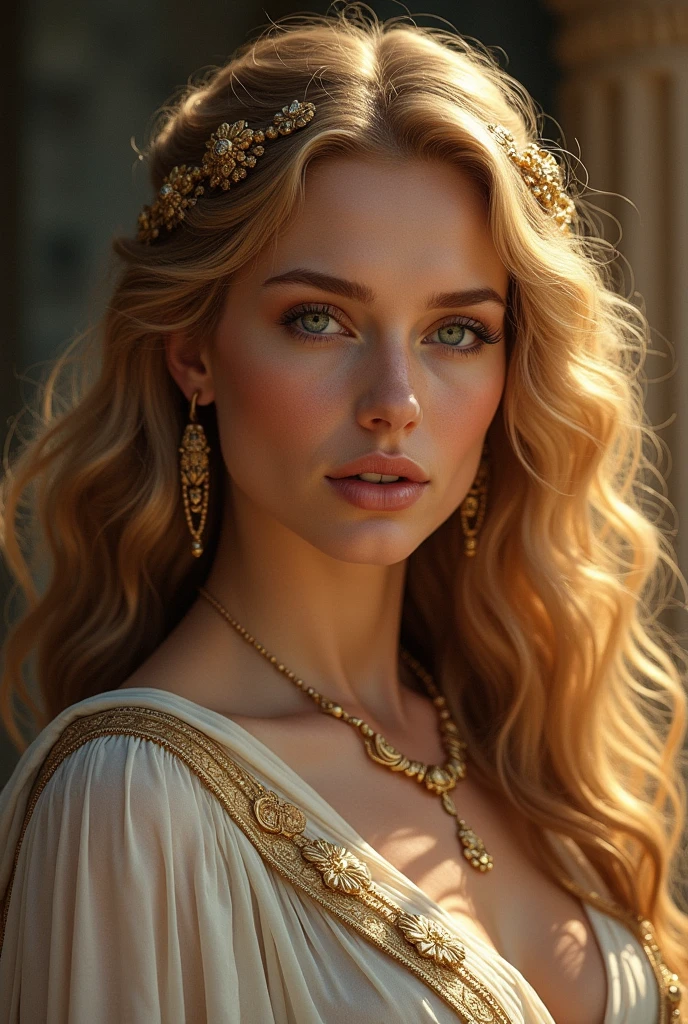 absurdrez, ultra detali, high qualiy, work of art, face detailed, gorgeous eyes(detailedeyes), greek mithology, goddess, hera , the queen of the gods, striking and captivating, features are classically beautiful, with high cheekbones, a face of perfect proportions, eyes portrayed as large and captivating, keep an intense gaze, golden hair , Gole hair is lush and flowing, cascading down the coast in waves,wearing elegant robes adorned with intricate patterns ,Your beauty is not only superficial, but embodies the essence of power, autoridade, and royalty.