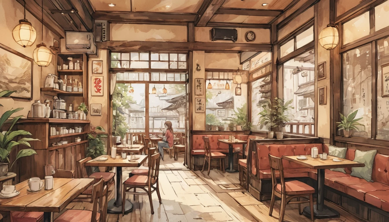 masterpiece,highest quality,ultra-detailed,high-definition background,8K,hi-res,high quality,BREAK,Cafe with a nice atmosphere、Antique interior、Stylish interior,girl, japanese manga style, sketch, Digital watercolor colors.
