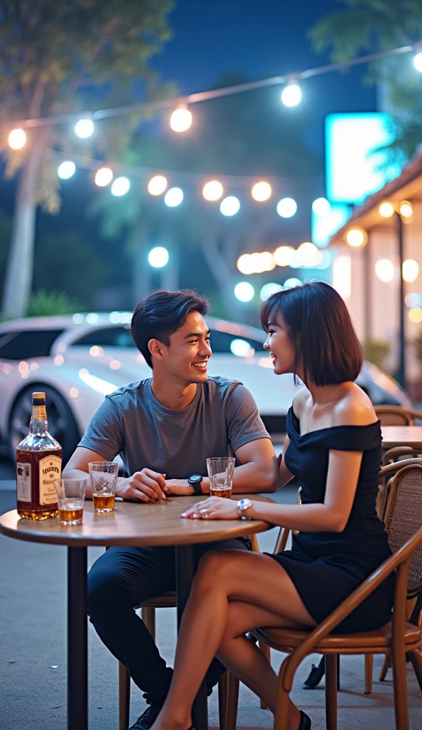 Very real, Beautiful evening atmosphere in an outdoor cafe, seorang pria tampan indonesia rambut pendek rapih tersenyum face is clearly visible memakai tshirt duduk disebuah kursi cafe outdoor bersama seorang wanita indonesia cantik tersenyum rambut shagy bob tersenyum memakai gaun of shoulders.face is clearly visible, In front of them was a table with two drinking glasses and a bottle of Jack Daniels. The atmosphere on the side of the road, there is a parked Lamborghini, The lights emit a very beautiful light. Very bright lighting. They both look at the camera., fashion, photo