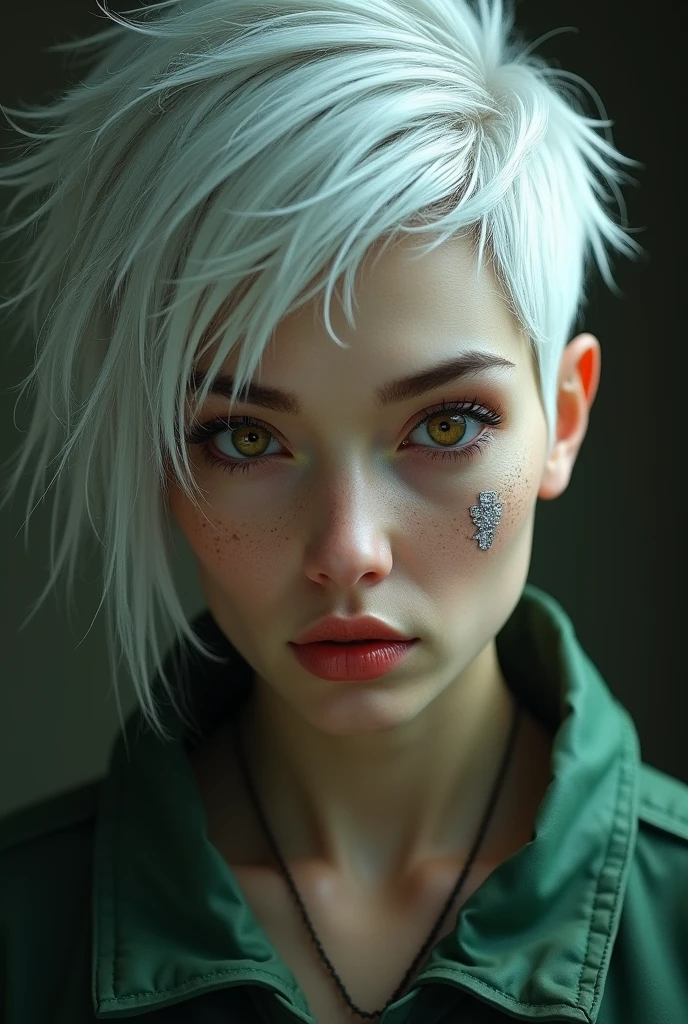 4k resolution, best qualityer, realisitic, Woman, White hair, hair stuck, slightly spiky upwards, shadow around the eyes, eyes browns, small white scratch scar on left cheek, green clothes