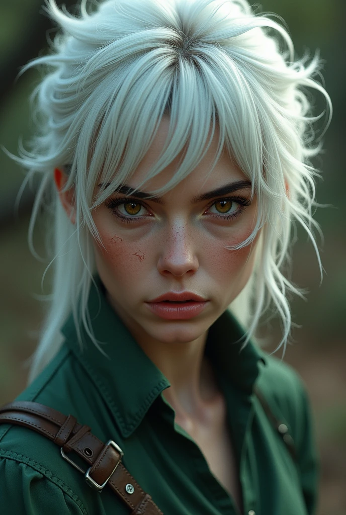 4k resolution, best qualityer, realisitic, Woman, White hair, hair stuck, slightly spiky upwards, shadow around the eyes, eyes browns, small white scratch scar on left cheek, green clothes