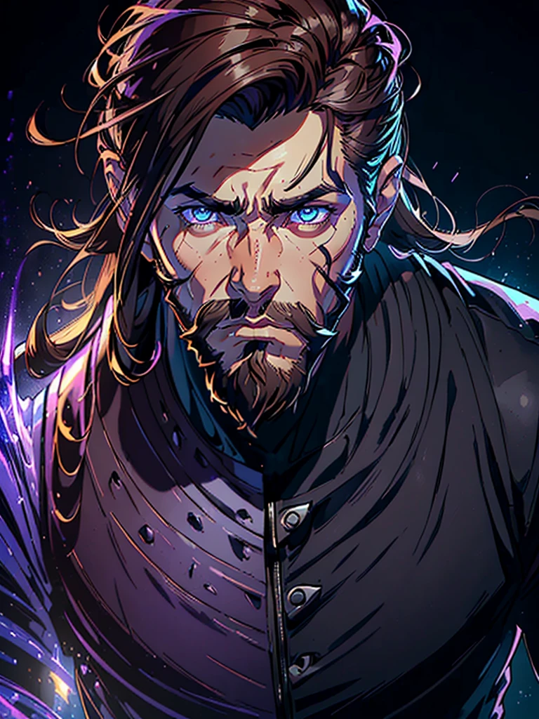 ((An attractive man with perfect body with dark brown hair and purple eyes with a serious and mysterious look)), (Jake Gyllenhaal), ((Purple colored iris)), ((one man)), ((Wearing rock star clothes)), ((punk style)), ((absurdres)), (masterpiece 1.3), (incredibly detailed), (highres:1.1), (high detailed skin:1.4), (high quality lighting), (skin texture), (UHD), (64K), (studio lighting), (photorealistic), (hyper realistic), (symmetric face), (unreal engine), (bokeh), (high resolution scan), (professional photograph), ((stunning handsome man)), ((short beard)), ((stoic)), ((stern looking)) , (dastan character game), ((symmetrical eyes)), (strong jawline), (blue eyes), (dark brown hair), (Long hair), (1man), (solo), (dark atmosphere), (Dynamic poses)