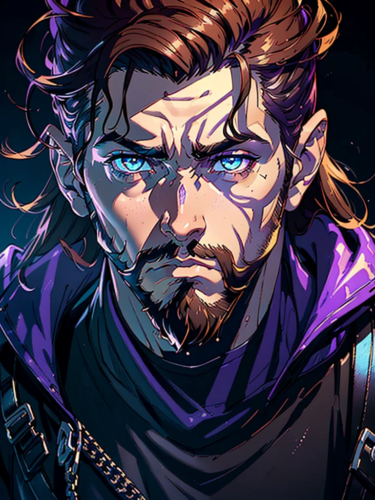((An attractive man with perfect body with dark brown hair and purple eyes with a serious and mysterious look)), (Jake Gyllenhaal), ((Purple colored iris)), ((one man)), ((Wearing rock star clothes)), ((punk style)), ((absurdres)), (masterpiece 1.3), (incredibly detailed), (highres:1.1), (high detailed skin:1.4), (high quality lighting), (skin texture), (UHD), (64K), (studio lighting), (photorealistic), (hyper realistic), (symmetric face), (unreal engine), (bokeh), (high resolution scan), (professional photograph), ((stunning handsome man)), ((short beard)), ((stoic)), ((stern looking)) , (dastan character game), ((symmetrical eyes)), (strong jawline), (blue eyes), (dark brown hair), (Long hair), (1man), (solo), (dark atmosphere), (Dynamic poses)