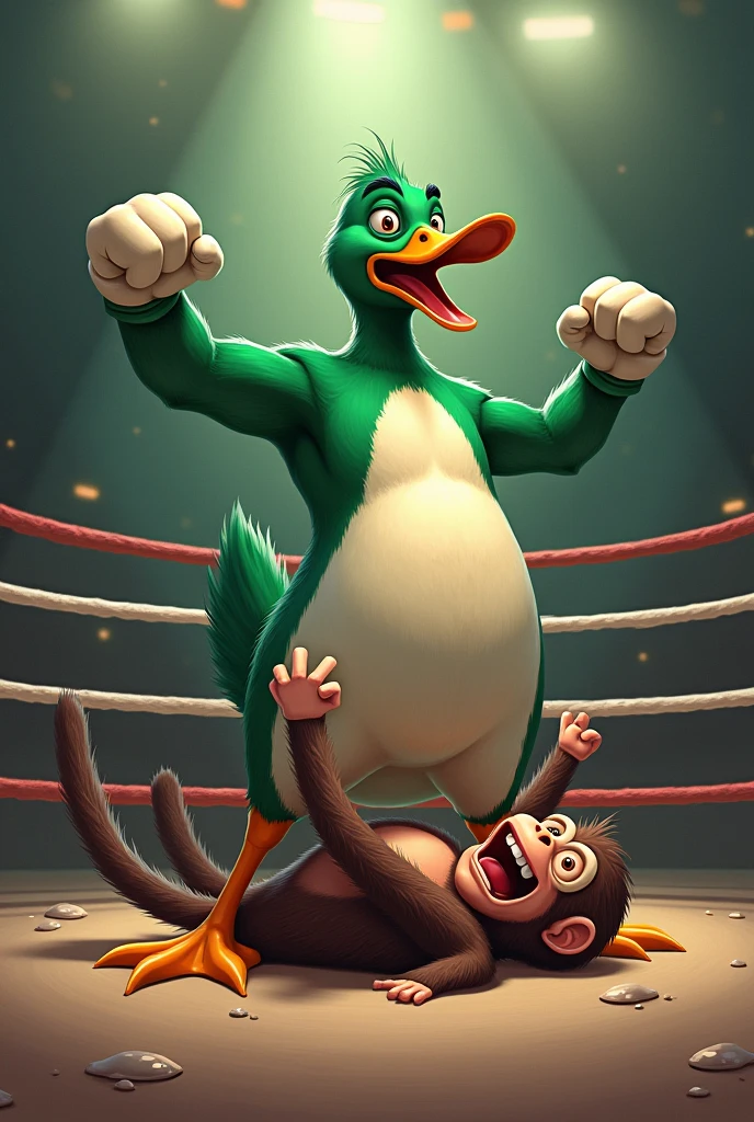 A green-headed duck winning a boxing match against a monkey and stepping on it