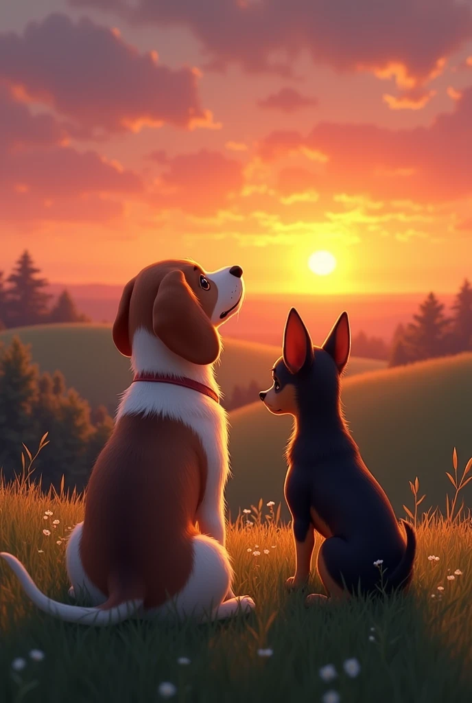 Create a realistic image of a Beagle dog and a black and brown Chihuahua watching the sunset together 