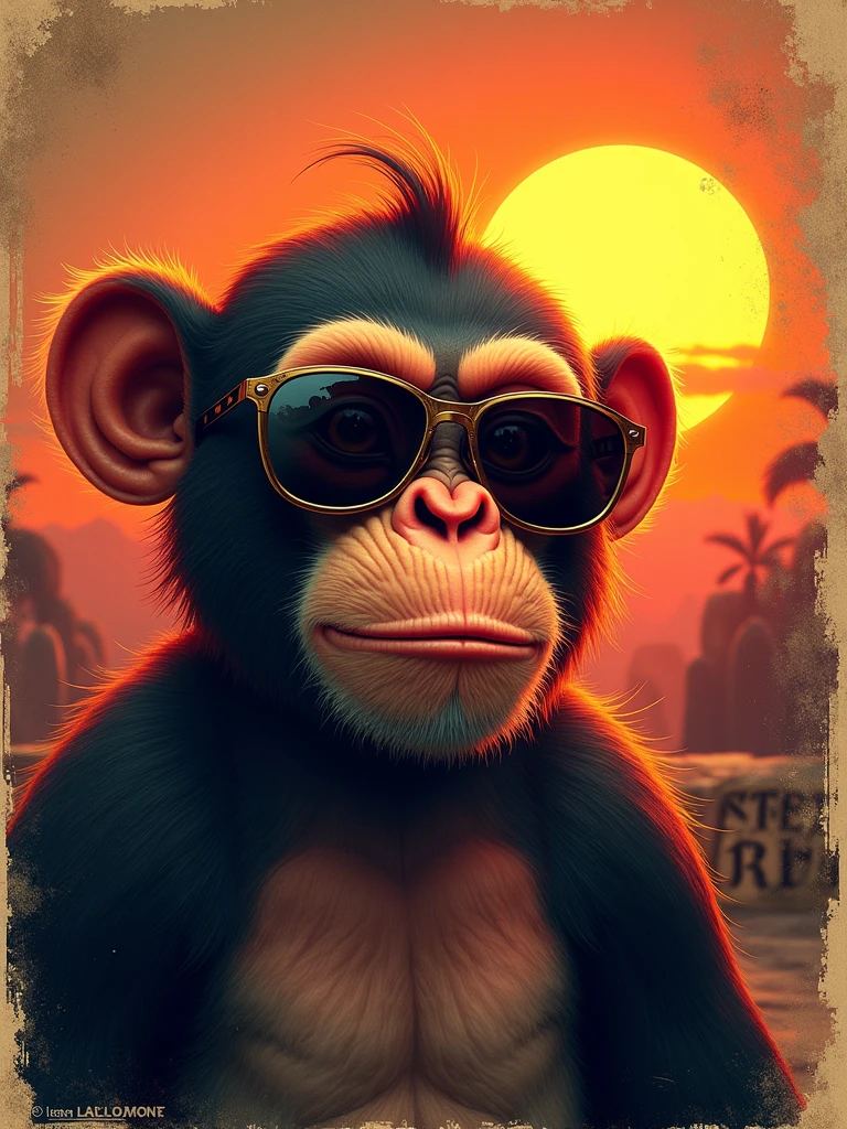a monkey wearing sunglasses, vintage retro sunset distressed black style design, vector t-shirt design, "FALTANDO DM" text, typography, graffiti, 3d render, 4k, steampunk, (best quality,4k,8k,highres,masterpiece:1.2),ultra-detailed,(realistic,photorealistic,photo-realistic:1.37),HDR,UHD,studio lighting,ultra-fine painting,sharp focus,physically-based rendering,extreme detail description,professional,vivid colors,bokeh